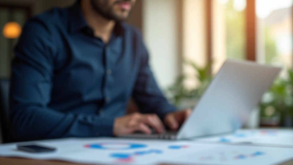 Profesionální fotografie analytika u stolu s počítačem, tisknutými grafy a dokumenty o státním rozpočtu, teplé osvětlení kanceláře