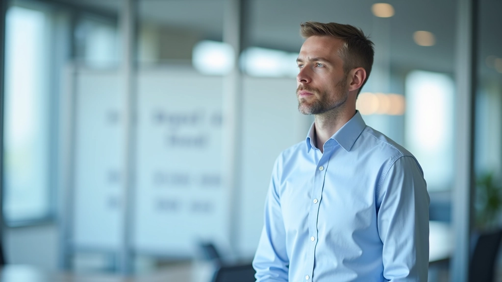 Interaktivní tabule se čtyřmi prioritami znázorněnými ikonami a procenty, přednášející muž u tabule v místnosti pro školení