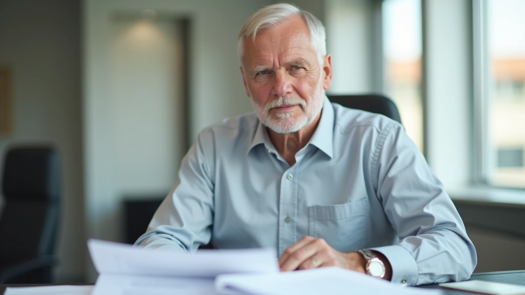 Senior muž v kanceláři, soustředěný výraz, papíry s grafy rozpočtu na stole, přirozené osvětlení