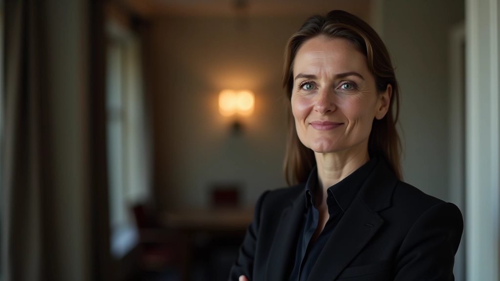 Elegantní portrét ekonomky s dlouhými vlasy, profesionální oblečení v kabinetu se soupravou na pozadí, přátelský výraz